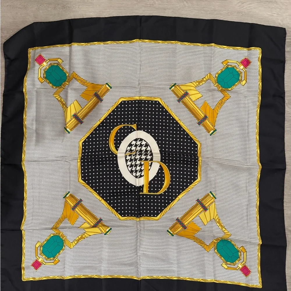 Christian Dior Black and Gold Geometric Silk Scarf Large